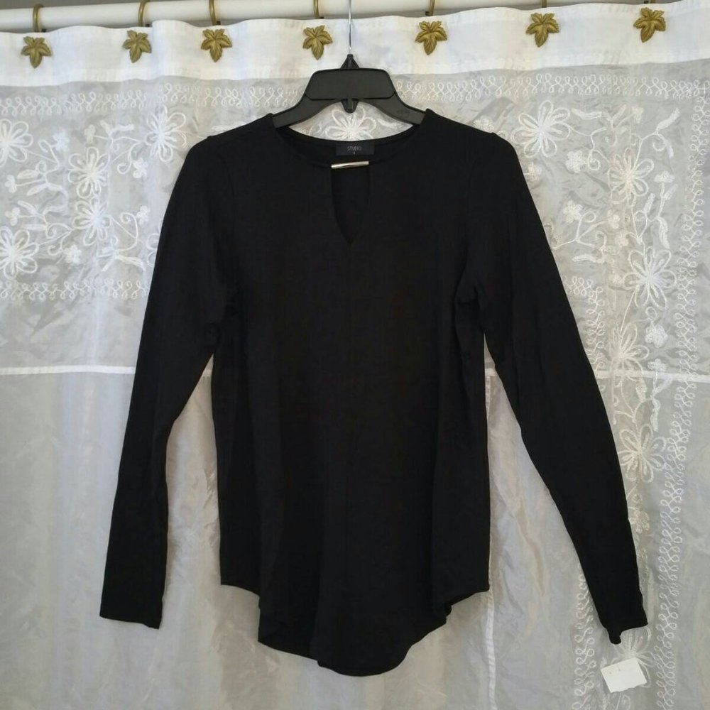 NEW Black Long-Sleeve Softly-Draped Knit Top, Keyhole Neck, Small